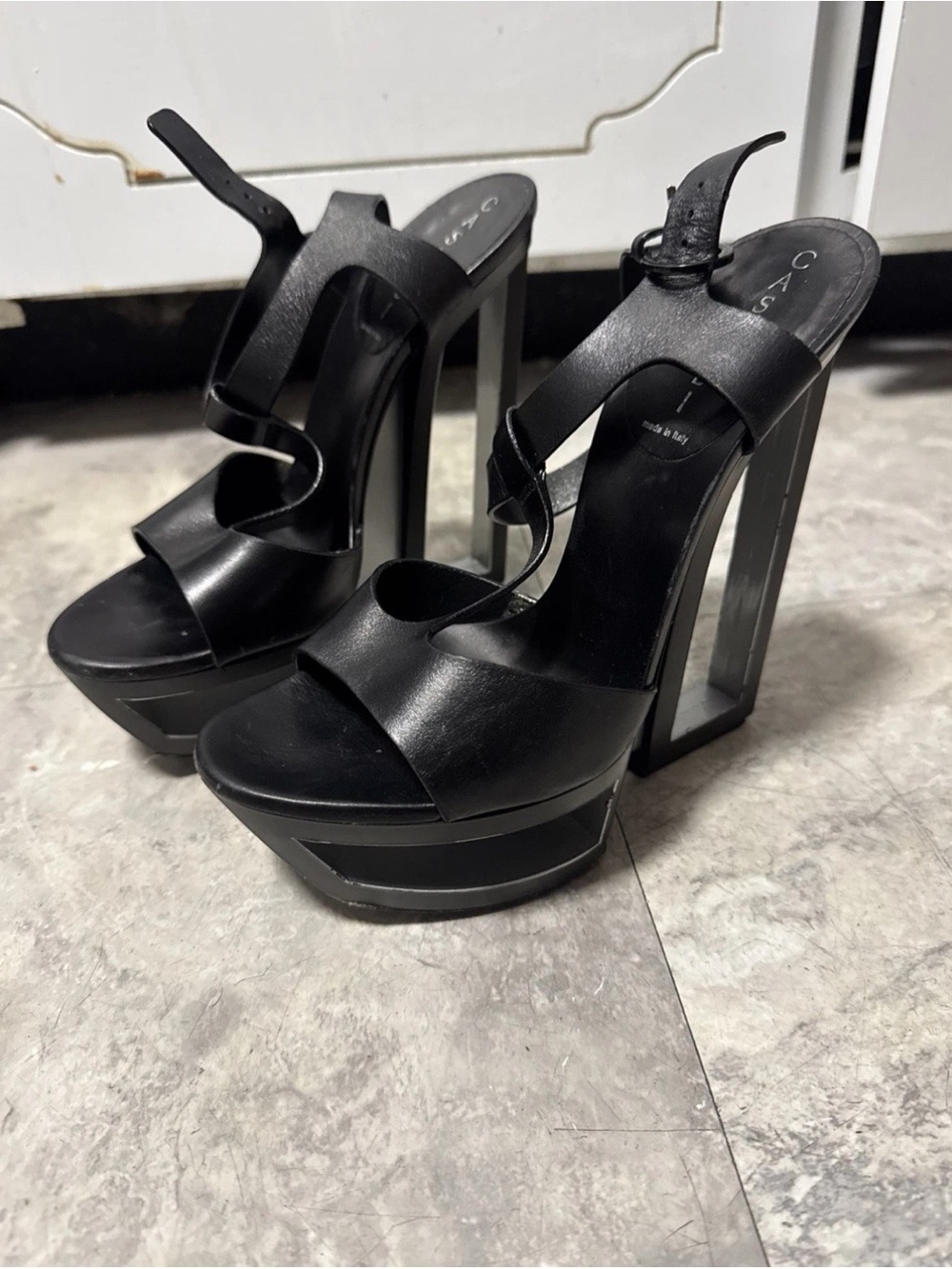 2012 Casadei Black Leather Mirror-Panel T-Strap Wedges